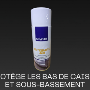 White spray can labeled ANTIGRAVEL 460 for car stonechip protection against the undercarriage, on a dark gradient background.