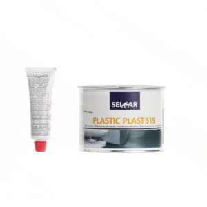 Tube of plastic repair adhesive next to a metal can labeled Plastic Plast 515 repair filler