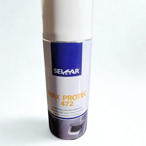 Tall white spray can with a white cap and blue label reading 'SELCAR' and 'WAX PROTEC 472'.