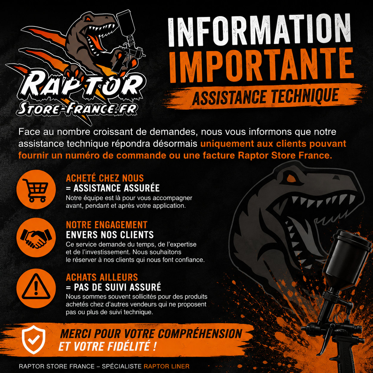 Affiche promotionnelle Raptor Store France expliquant l’assistance technique et les engagements clients, avec un logo dinosaure à gauche et texte orange.