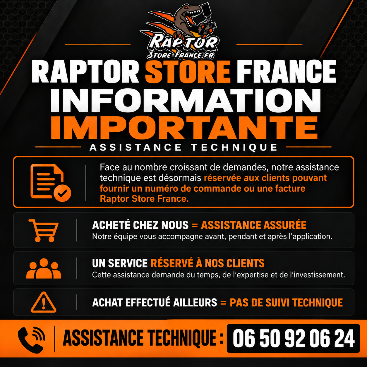 Dark promotional poster for Raptor Store France detailing technical assistance services and a helpline number (06 50 92 06 24).